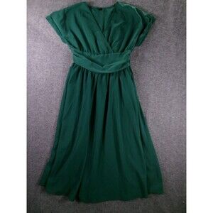 GOMORN Dress Women XL Green Wrap V Neck Smocked Waist Maxi Cap Sleeve Fit